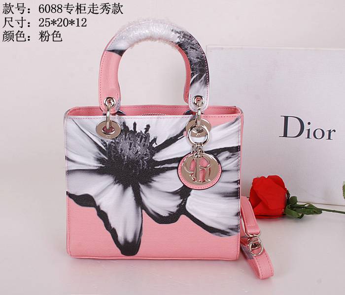 2014年春夏新作 ディオールコピー バッグ DIOR 新品 レディース オシャレプリント 大人気! 手提げ 2wayショルダーバッグ ピンク 6088-3