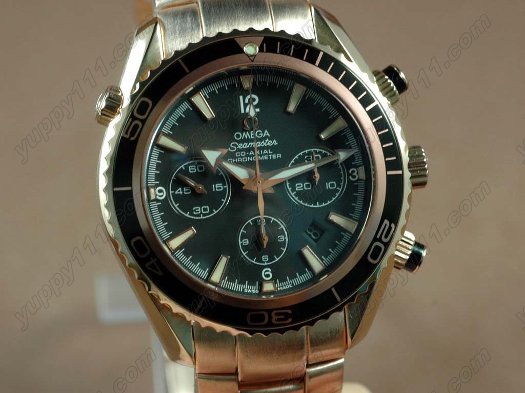 オメガOmega Planet Ocean 45.5mm Chrono RG/RG Black Bezel A-7750自動巻き