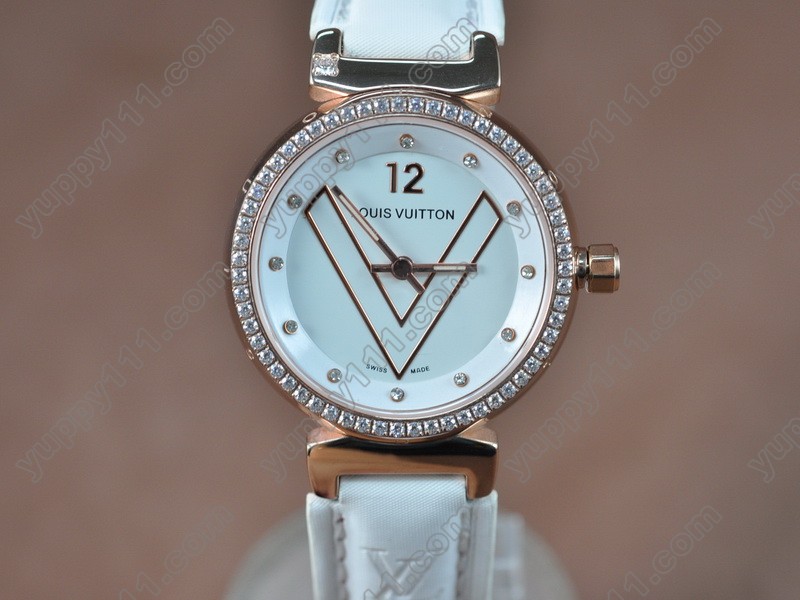 ルイヴィトンLouis Vuitton Tambour Ladies Diamonds RG/LE White Dialクオーツ