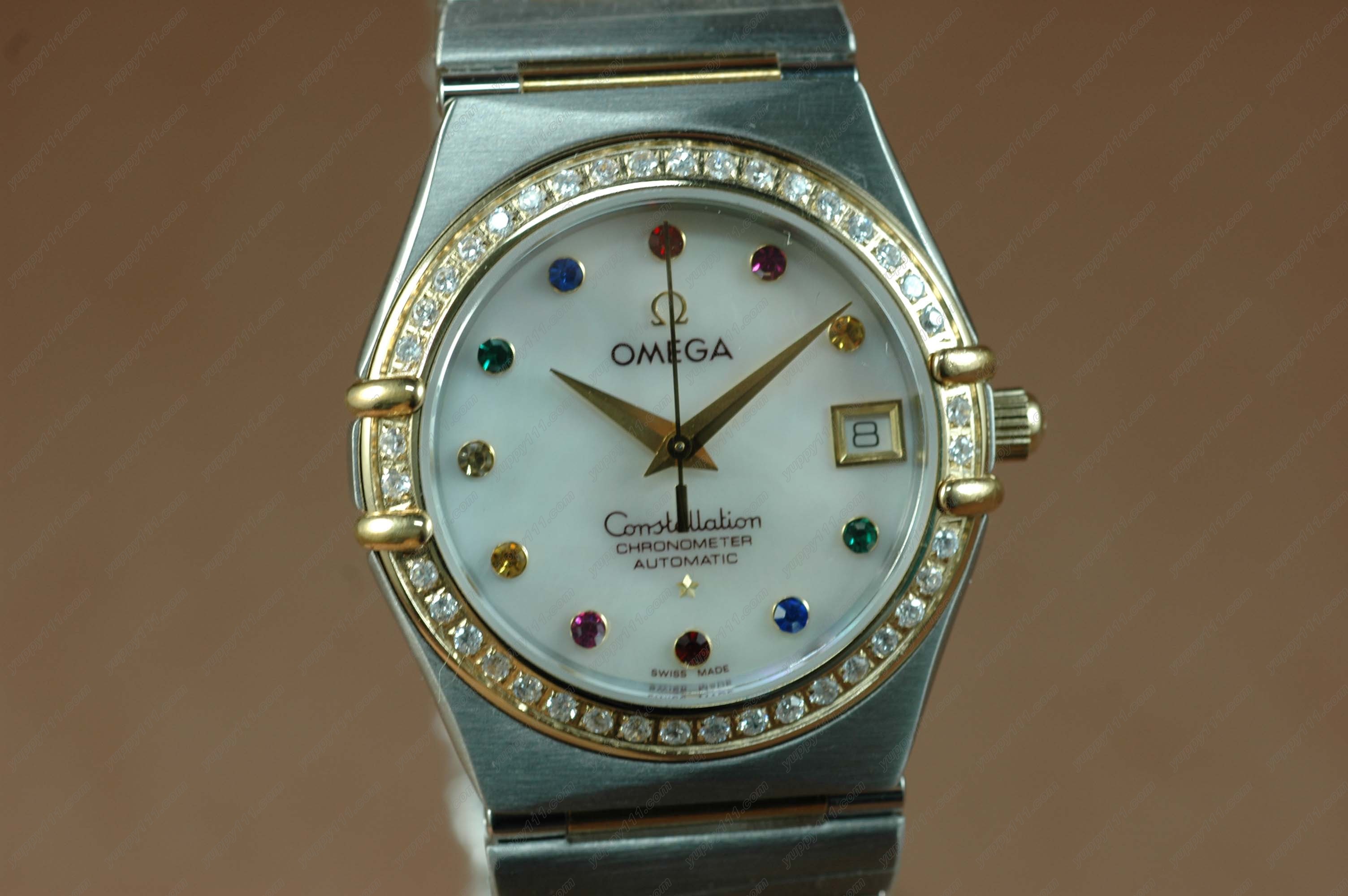 オメガOmega 18K Wrapped TT Constellation Ladies MOP Wht Diam Bez/自動卷き