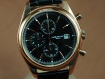 パテックフィリップPatek Philippe Classics Complications RG Case Black Dial Black Strap Japan OS20 Quartzクオーツストップウォッチ