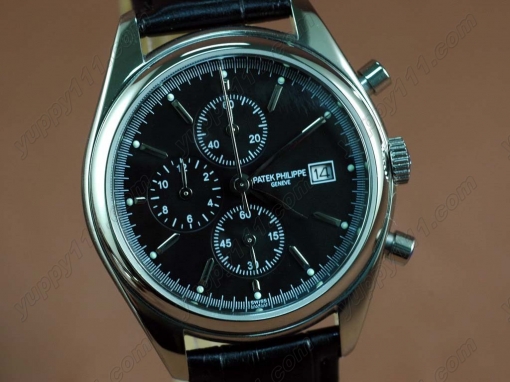 パテックフィリップ Patek Philippe Classics Complications SS Case Black Dial Black Strap Japan OS20クオーツストップウォッチ