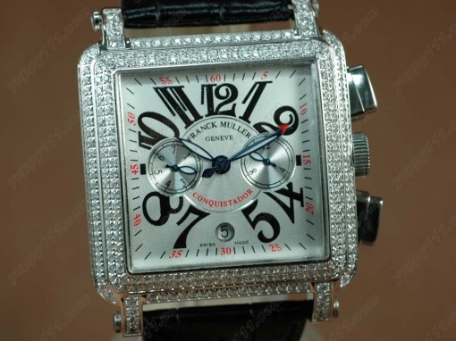 フランクミュラー Franck Muller Watches Conquistador Bezel Diamond SS Case White Dial with Black Strap Japan Automatic