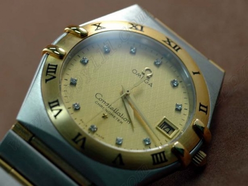 オメガOmega 18K Wrapped TT Men Roman Bezel Gold Diamondクオーツ