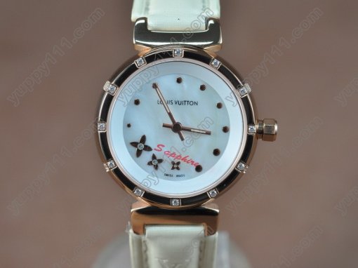 ルイヴィトンLouis Vuitton Tambour Ladies Diamonds RG/LE White Dialクオーツ