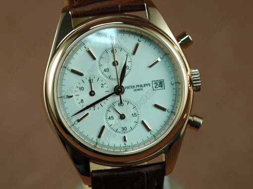 パテックフィリップPatek Philippe Classics Complications RG Case White Dial Brown Strap Japan OS20クオーツストップウォッチ